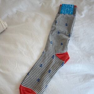 J. McLaughlin Gray Striped Socks with Red and Blue Details